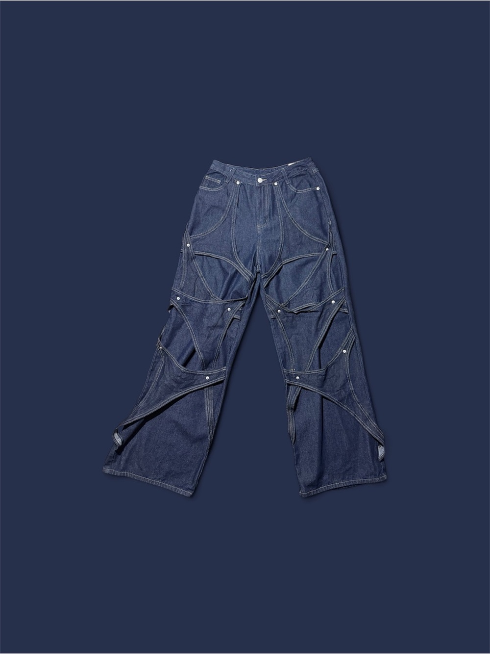 Thrifted Womens Dark Blue Wide-Leg Denim Jeans